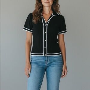 Bailey 44 Black Collared Pearl Button Front Puff Sleeve Knit Top Womens Small‎